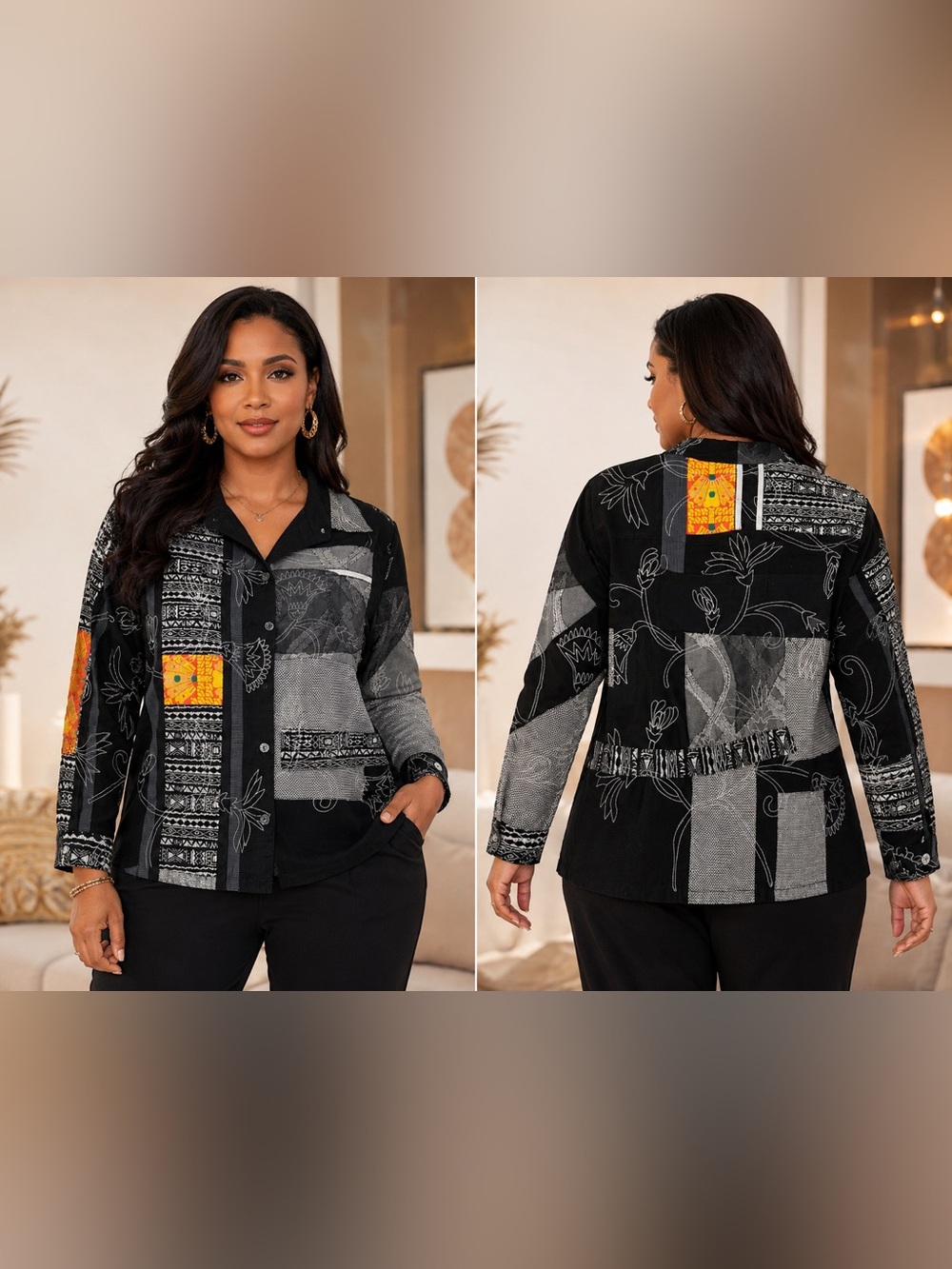 Chico’s Design Size 3 Patchwork Wearable Art Jacket Black Gray Boho Artsy